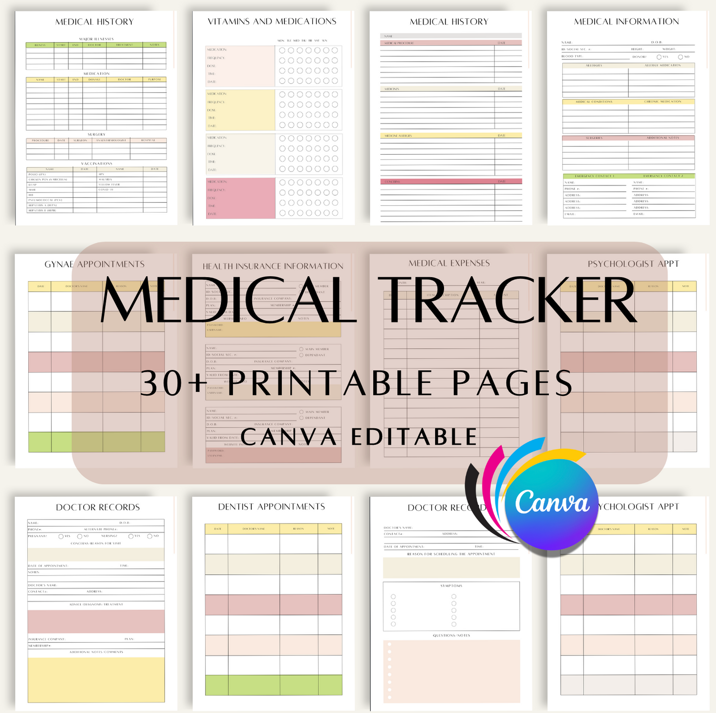 Digital medical tracker, Printable health tracker planner, Chronic illness binder, Medication tracker printable, Doctor visit planner,A4 PDF