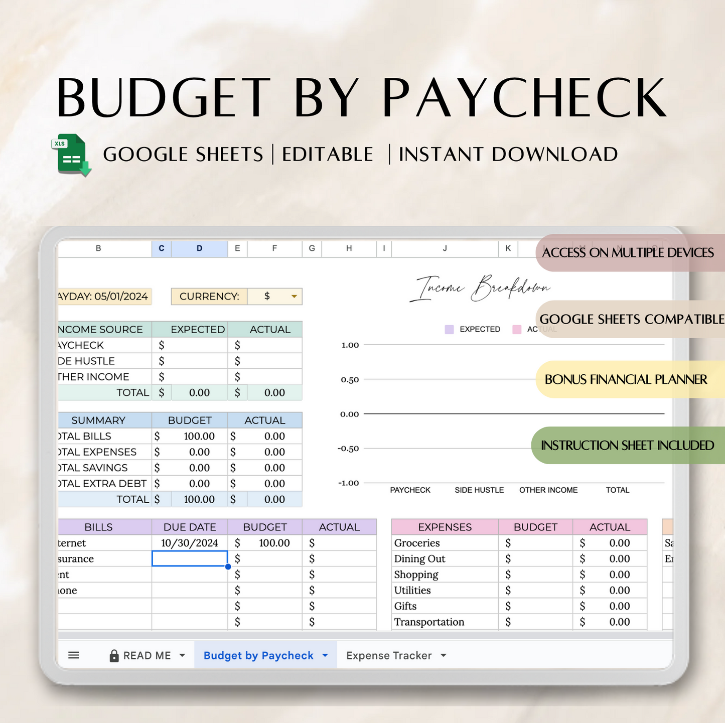 Paycheck budget spreadsheet template, Paycheck budget google sheets, Budget spreadsheet, Budget planner, Monthly biweekly paycheck budget