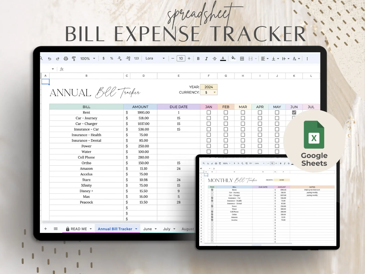 Monthly Budget Planner and Spending Tracker for Google Sheets, Expense Tracker Spreadsheet, Bill Organizer Template