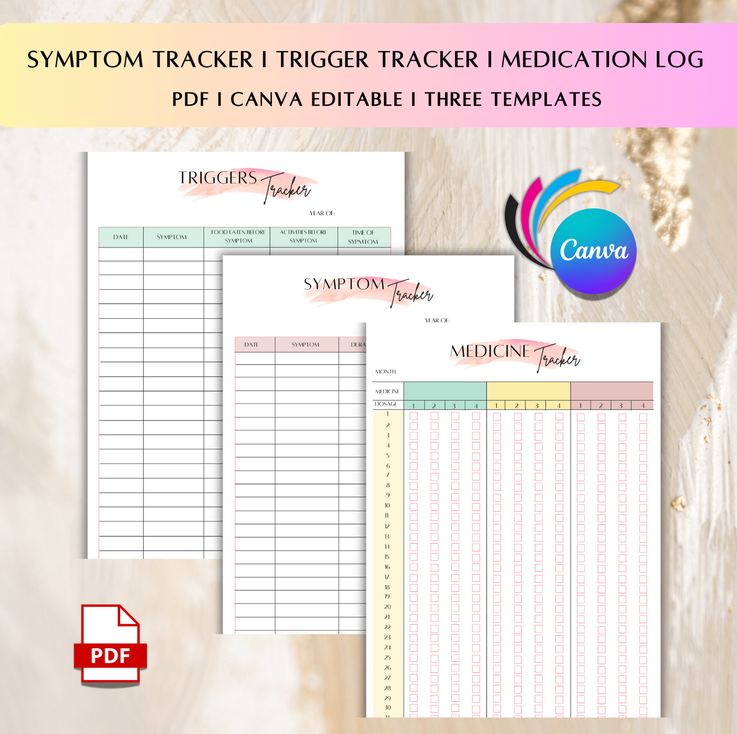 Printable symptom tracker, Medication tracker, Health tracker, Health & wellness planner bundle, Printable PDF, A4 canva