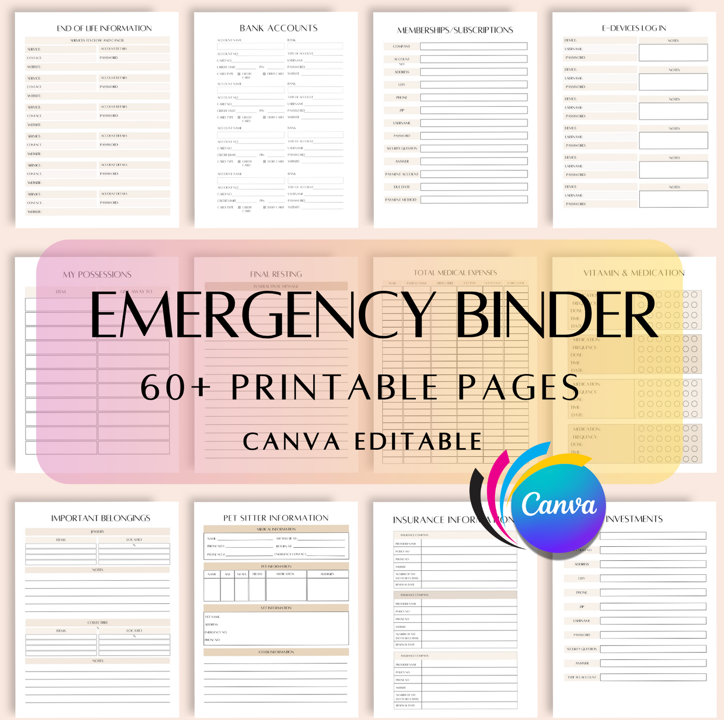 End of life planner printable, Emergency binder, Life planner binder, Funeral planner pdf, Printable medical binder, Home management planner