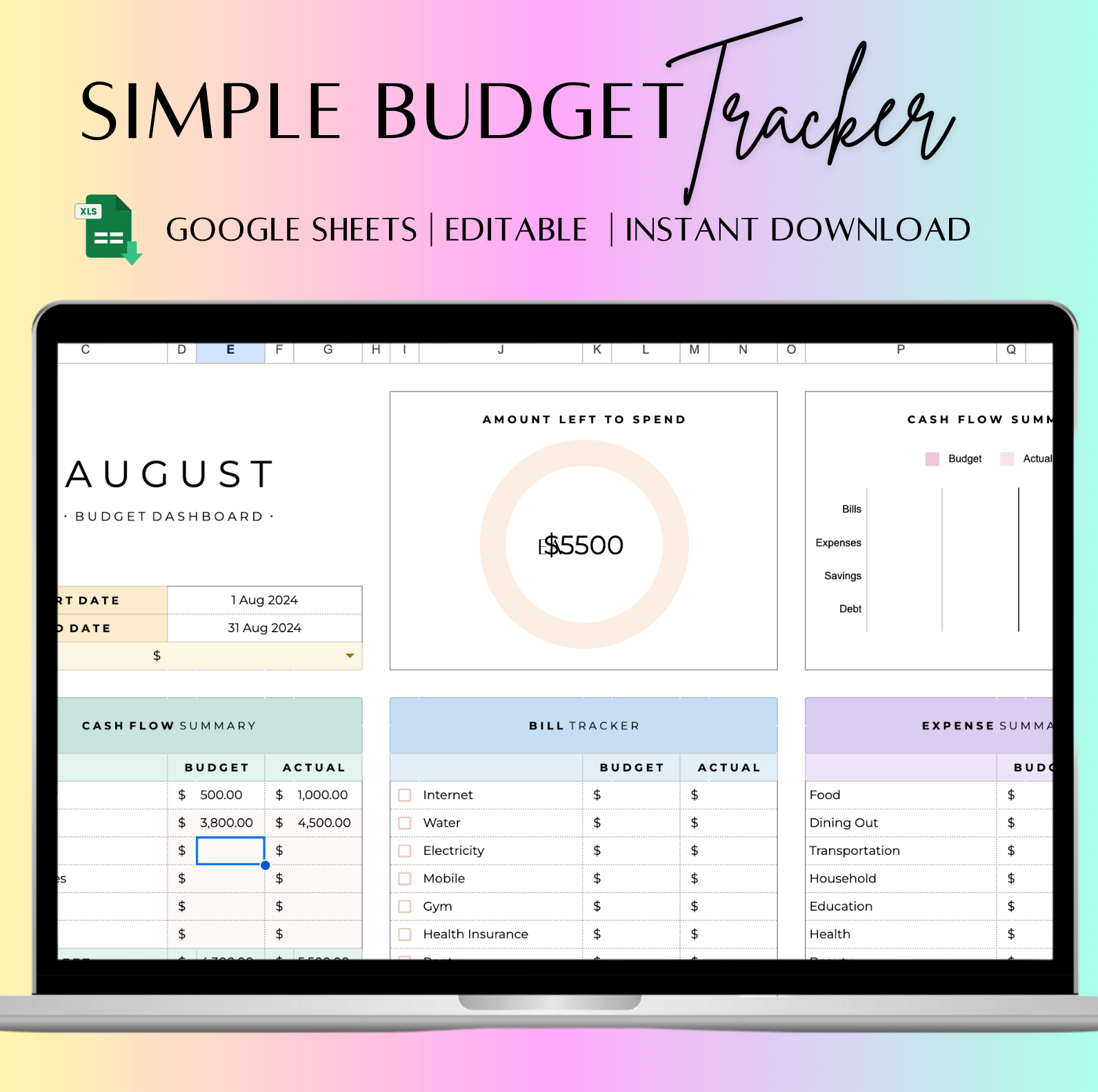 A clean and simple Google Sheets budget spreadsheet with automatic calculations, income and expense tracking, and customizable categories. Designed for easy financial organization on desktop, tablet, or mobile