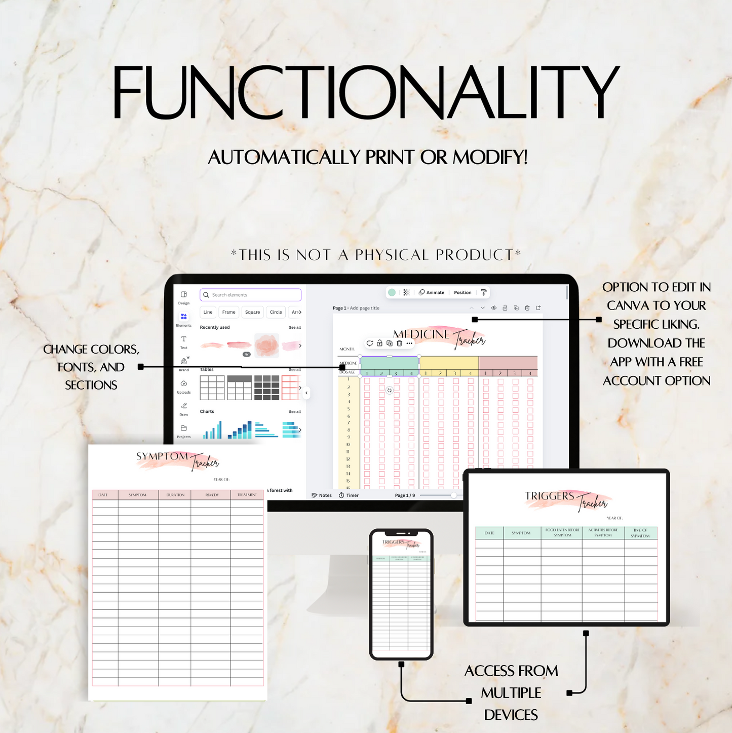 Printable symptom tracker, Medication tracker, Health tracker, Health & wellness planner bundle, Printable PDF, A4 canva