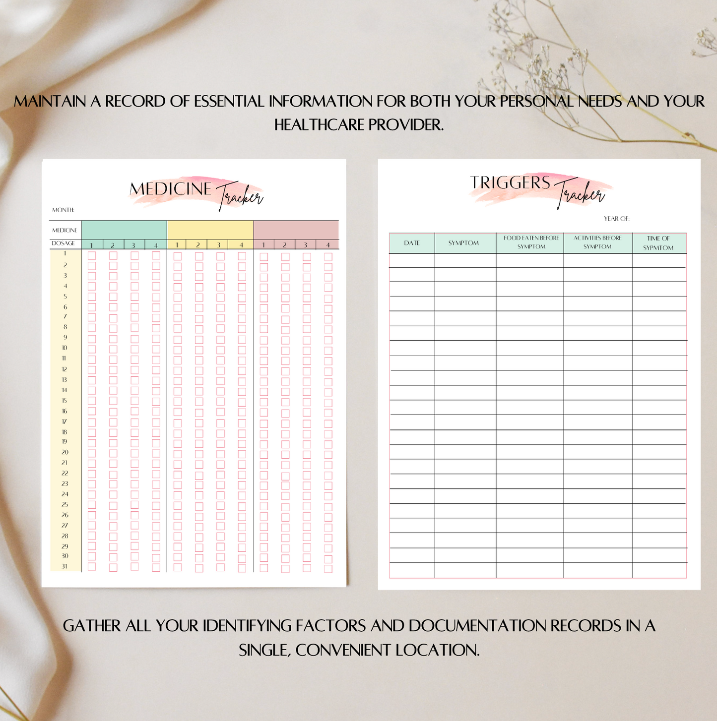 Printable symptom tracker, Medication tracker, Health tracker, Health & wellness planner bundle, Printable PDF, A4 canva